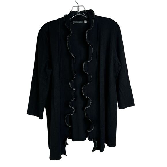 Neiman Marcus Cardigan Sweater Women L Black Open Ruffle Front Faux Leather Trim - Picture 1 of 8